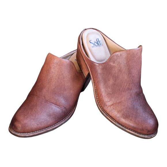Sofft Shoes - Sofft Ameera Leather Cafe Brown Western 2" Stacked Heel Slide In Mule Clog 8.5 M